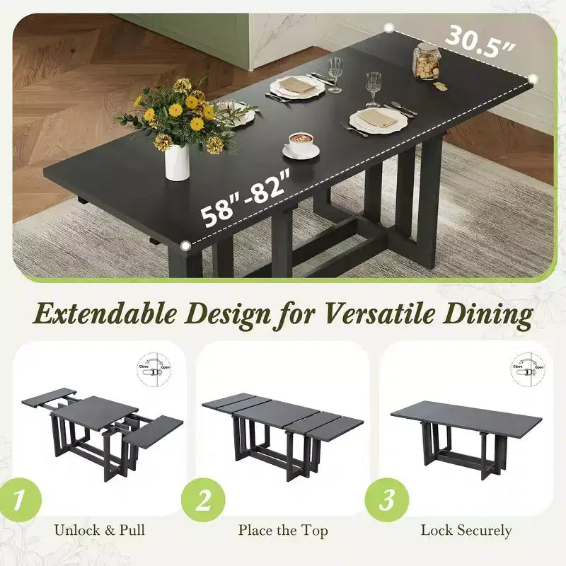 Rustic 82" Extendable Dining Table, Trestle Kitchen Table with Rubber Wood Legs, 2 Removable Leaves