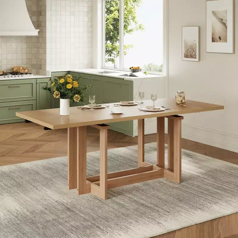 Rustic 82" Extendable Dining Table, Trestle Kitchen Table with Rubber Wood Legs, 2 Removable Leaves