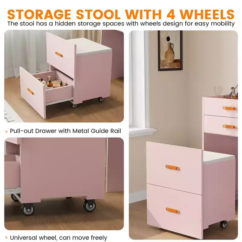3 in 1 Vanity Desk, Makeup Desk with Flip-up 3 Colors Lighting Mirror and Cushioned Stool, Small Vanities Nightstand Perfect for Bedroom, Pink