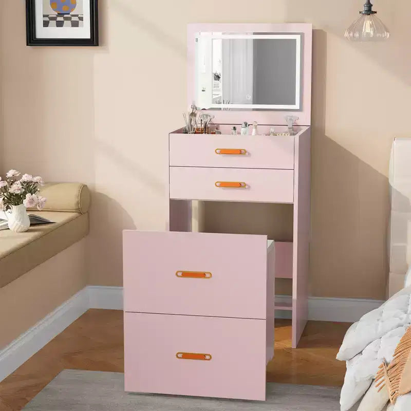 3 in 1 Vanity Desk, Makeup Desk with Flip-up 3 Colors Lighting Mirror and Cushioned Stool, Small Vanities Nightstand Perfect for Bedroom, Pink