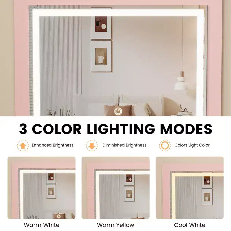 3 in 1 Vanity Desk, Makeup Desk with Flip-up 3 Colors Lighting Mirror and Cushioned Stool, Small Vanities Nightstand Perfect for Bedroom, Pink