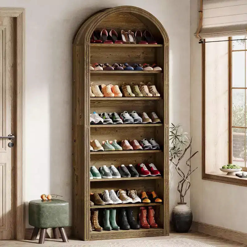 8-Tier Tall Shoe Storage Cabinet, Large Wooden Freestanding Shoe Rack for Closet & Entryway (Brown)