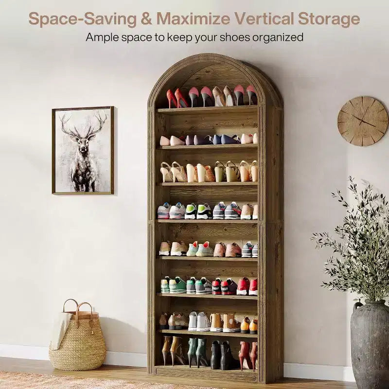 8-Tier Tall Shoe Storage Cabinet, Large Wooden Freestanding Shoe Rack for Closet & Entryway (Brown)