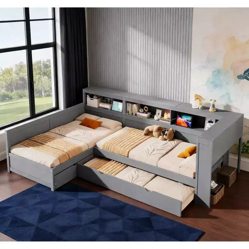 Twin Size L-Shaped Platform Bed with Trundle & Charging Station, Wood Bed Frame with Bookshelf