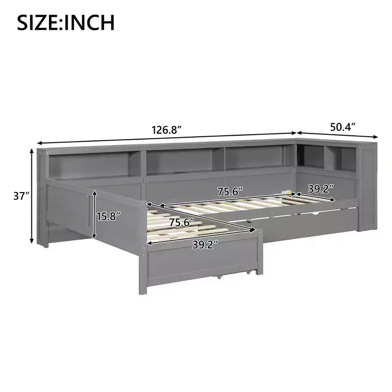 Twin Size L-Shaped Platform Bed with Trundle & Charging Station, Wood Bed Frame with Bookshelf