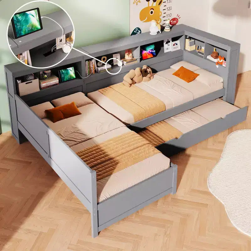 Twin Size L-Shaped Platform Bed with Trundle & Charging Station, Wood Bed Frame with Bookshelf