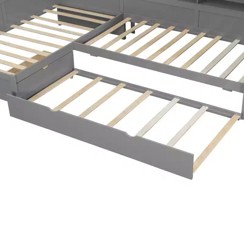 Twin Size L-Shaped Platform Bed with Trundle & Charging Station, Wood Bed Frame with Bookshelf