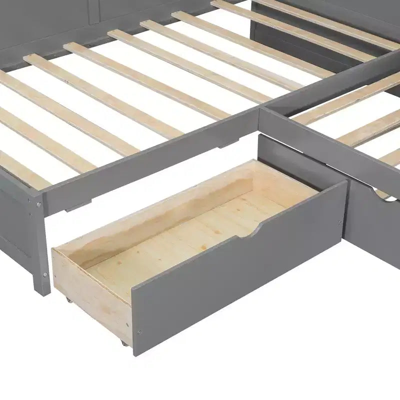 Twin Size L-Shaped Platform Bed with Trundle & Charging Station, Wood Bed Frame with Bookshelf