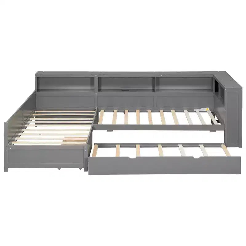 Twin Size L-Shaped Platform Bed with Trundle & Charging Station, Wood Bed Frame with Bookshelf