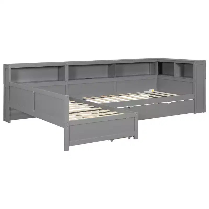 Twin Size L-Shaped Platform Bed with Trundle & Charging Station, Wood Bed Frame with Bookshelf