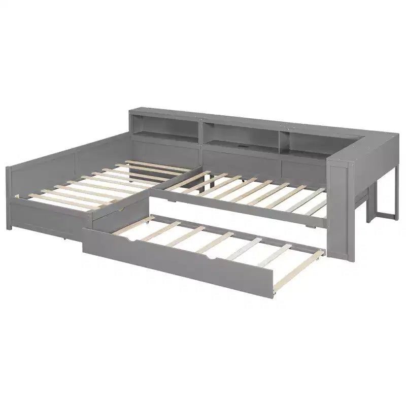 Twin Size L-Shaped Platform Bed with Trundle & Charging Station, Wood Bed Frame with Bookshelf