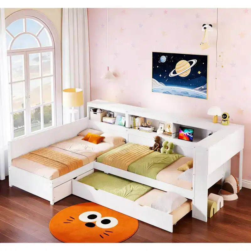 Twin Size L-Shaped Platform Bed with Trundle & Charging Station, Wood Bed Frame with Bookshelf