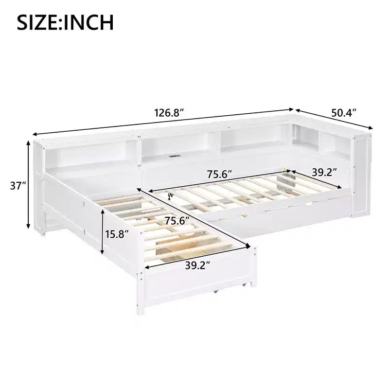 Twin Size L-Shaped Platform Bed with Trundle & Charging Station, Wood Bed Frame with Bookshelf