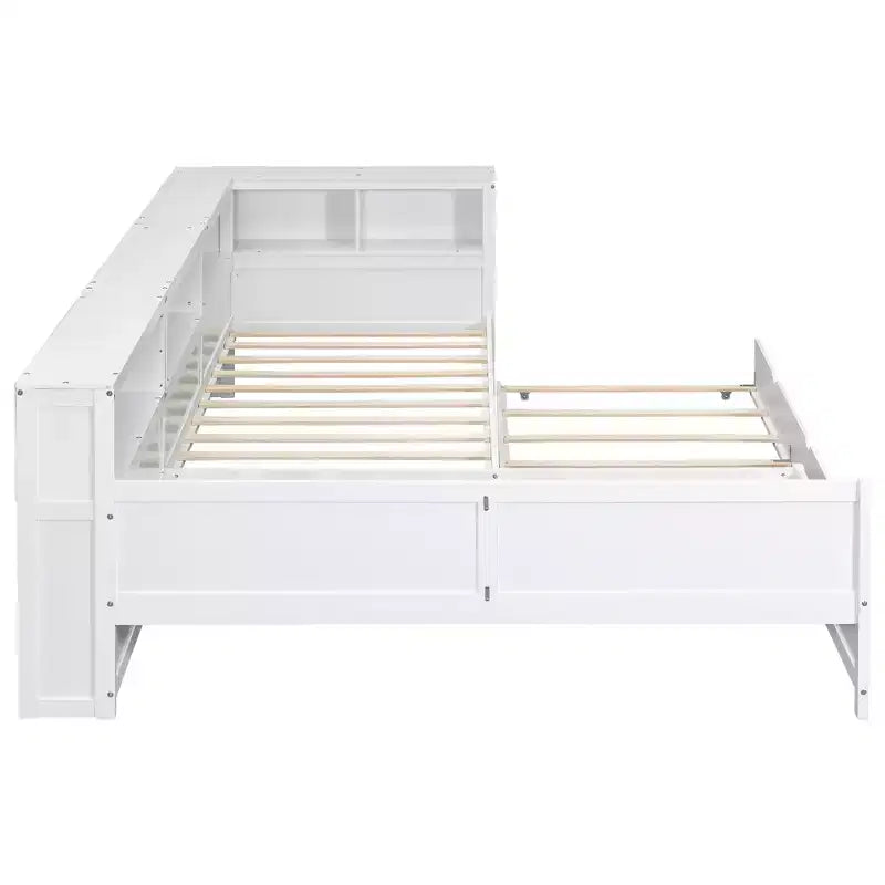 Twin Size L-Shaped Platform Bed with Trundle & Charging Station, Wood Bed Frame with Bookshelf
