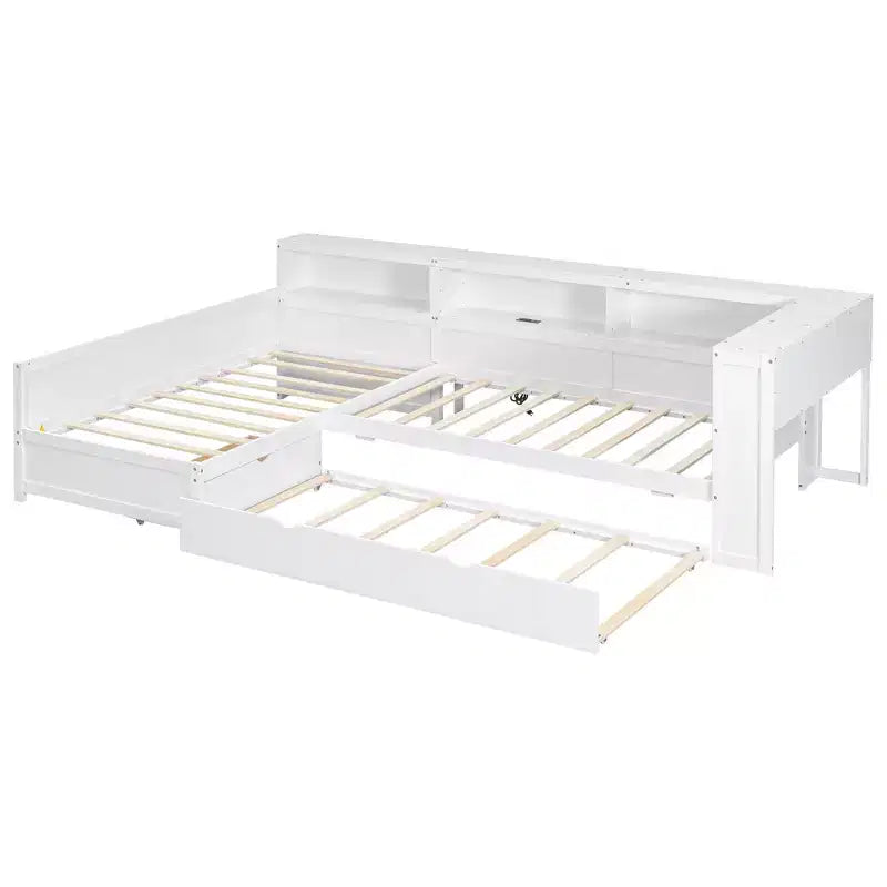 Twin Size L-Shaped Platform Bed with Trundle & Charging Station, Wood Bed Frame with Bookshelf