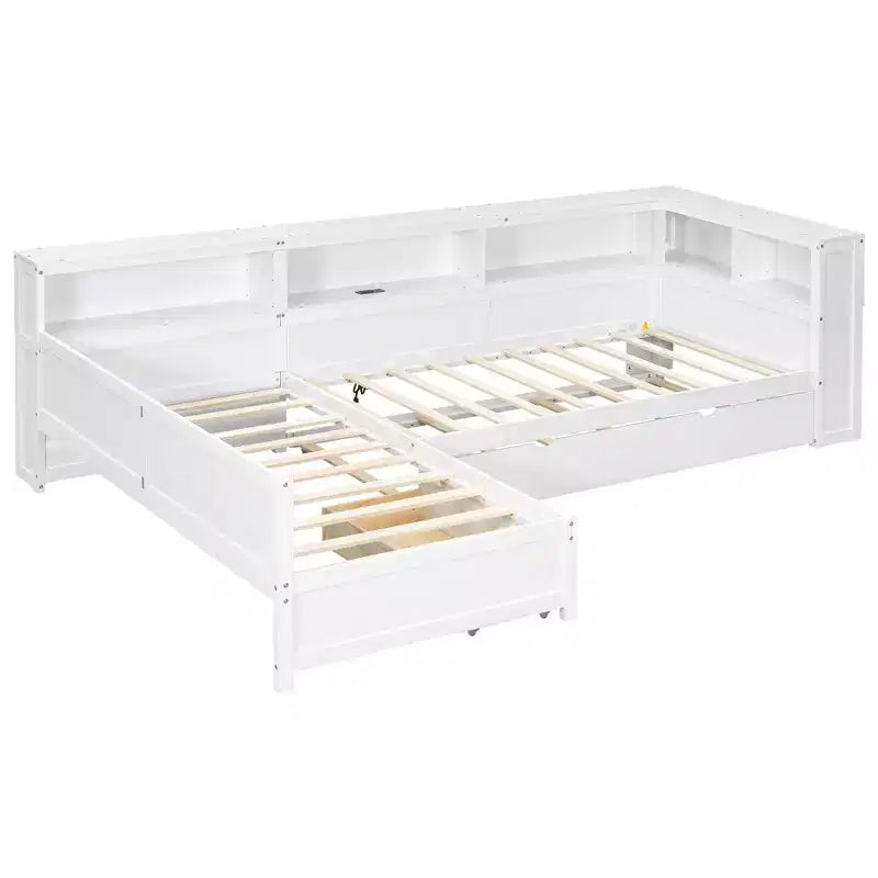 Twin Size L-Shaped Platform Bed with Trundle & Charging Station, Wood Bed Frame with Bookshelf