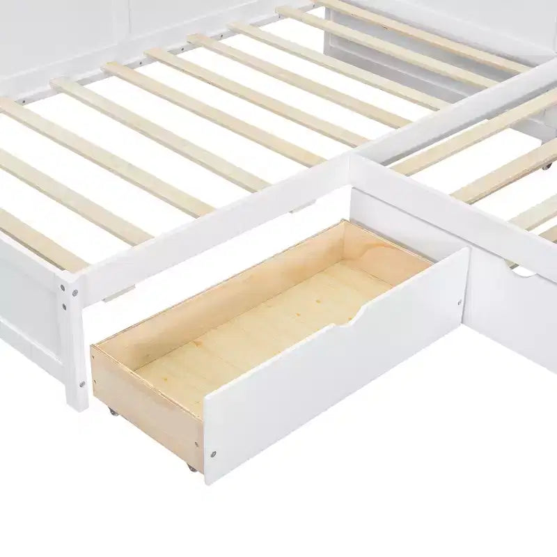 Twin Size L-Shaped Platform Bed with Trundle & Charging Station, Wood Bed Frame with Bookshelf