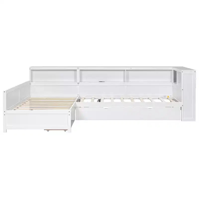 Twin Size L-Shaped Platform Bed with Trundle & Charging Station, Wood Bed Frame with Bookshelf