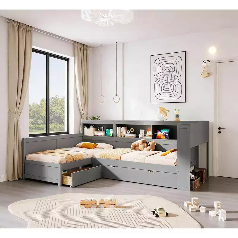 Twin Size L-Shaped Platform Bed with Trundle & Charging Station, Wood Bed Frame with Bookshelf