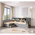 Twin Size L-Shaped Platform Bed with Trundle & Charging Station, Wood Bed Frame with Bookshelf