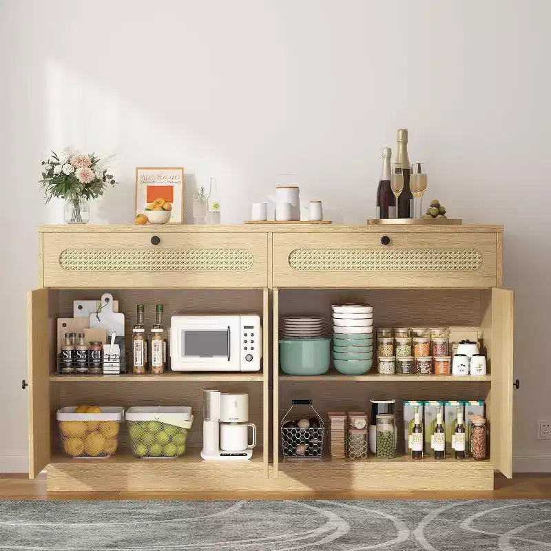 Coffee Bar Cabinet with Rattan Door Design, 60'' Buffet Cabinet with Storage, Sideboard Cabinet Featuring Adjustable 3-Level Shelves for Home