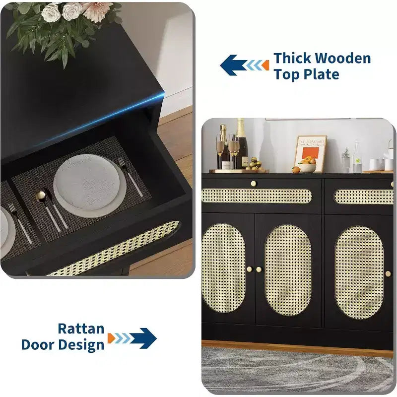 Coffee Bar Cabinet with Rattan Door Design, 60'' Buffet Cabinet with Storage, Sideboard Cabinet Featuring Adjustable 3-Level Shelves for Home