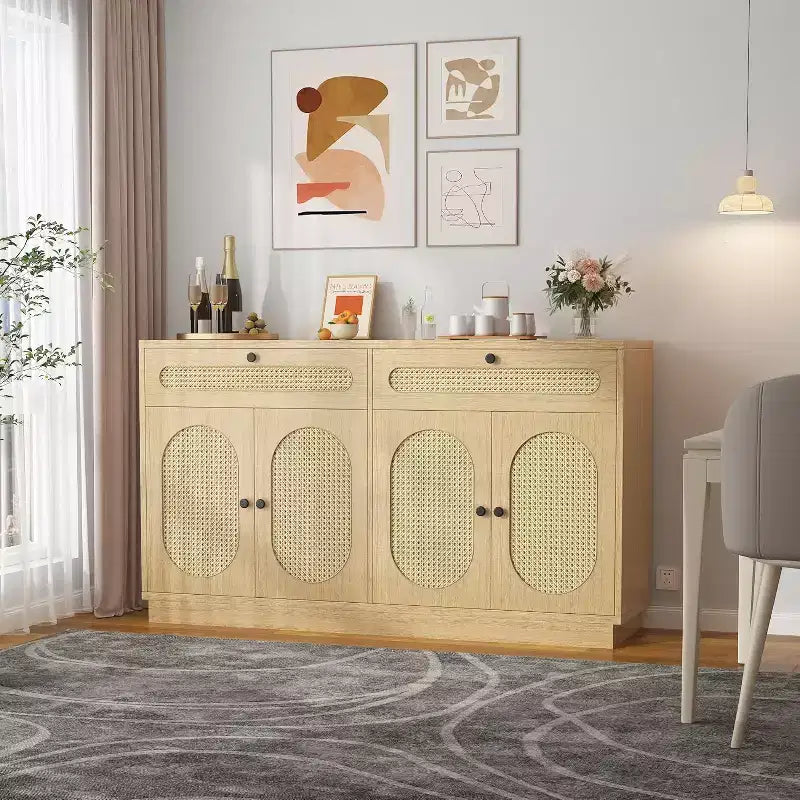 Coffee Bar Cabinet with Rattan Door Design, 60'' Buffet Cabinet with Storage, Sideboard Cabinet Featuring Adjustable 3-Level Shelves for Home