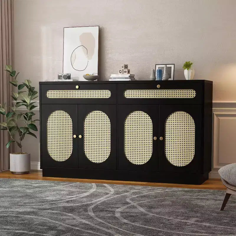 Coffee Bar Cabinet with Rattan Door Design, 60'' Buffet Cabinet with Storage, Sideboard Cabinet Featuring Adjustable 3-Level Shelves for Home
