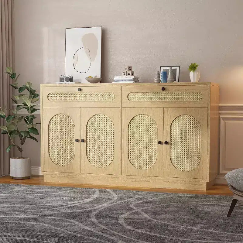 Coffee Bar Cabinet with Rattan Door Design, 60'' Buffet Cabinet with Storage, Sideboard Cabinet Featuring Adjustable 3-Level Shelves for Home