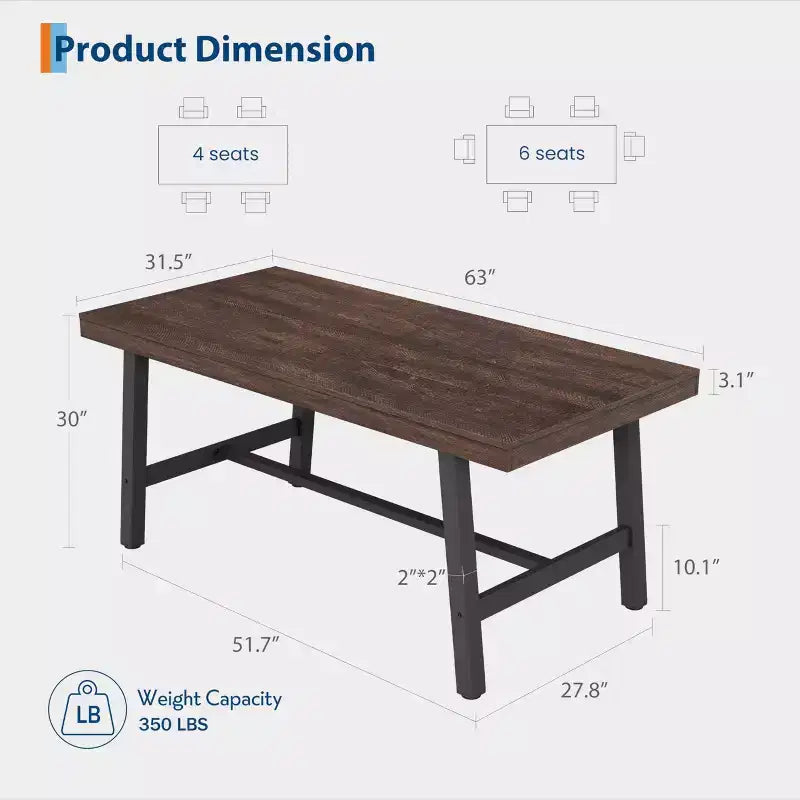 Industrial Wooden Dining Table for 4-6 People, 63 Long Rectangular Kitchen Table with Metal Legs, Dinner Table for Dining Room, No Chairs
