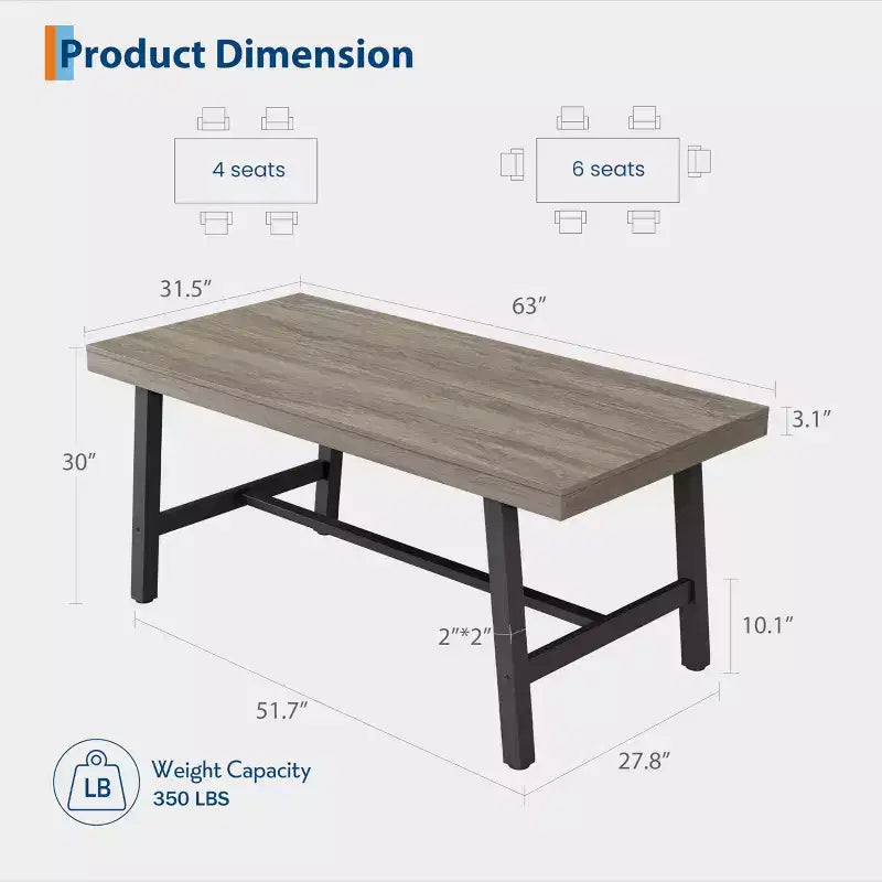 Industrial Wooden Dining Table for 4-6 People, 63 Long Rectangular Kitchen Table with Metal Legs, Dinner Table for Dining Room, No Chairs