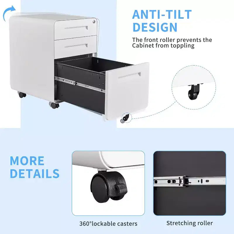 3-Drawer Filing Cabinet for Home Office, Lockable Mobile, White