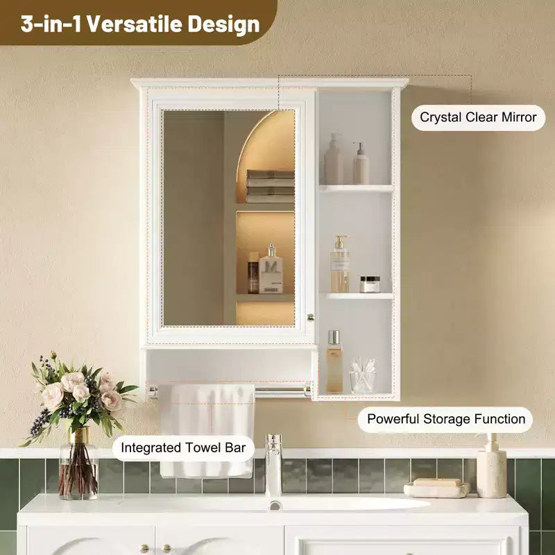 24" Minimalist 3-in-1 Bathroom Mirror Cabinet with High-Definition Mirror and Towel Bar