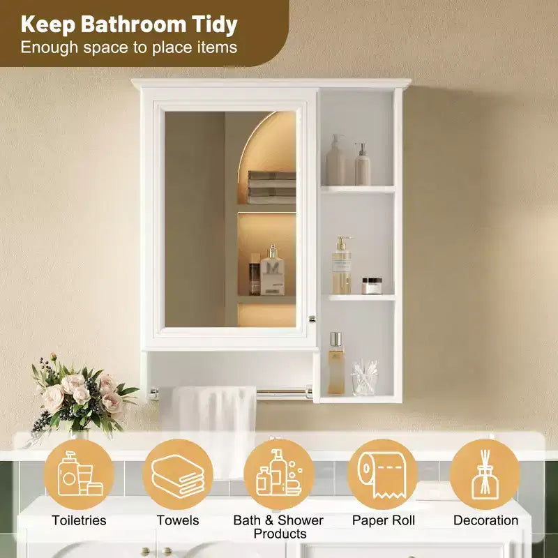 24" Minimalist 3-in-1 Bathroom Mirror Cabinet with High-Definition Mirror and Towel Bar