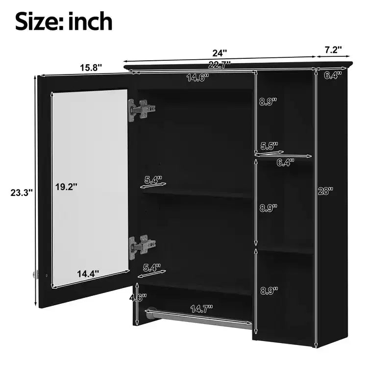 24" Minimalist 3-in-1 Bathroom Mirror Cabinet with High-Definition Mirror and Towel Bar