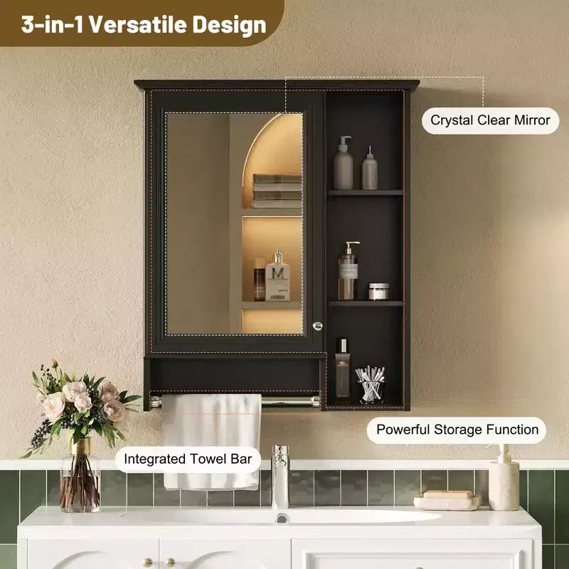 24" Minimalist 3-in-1 Bathroom Mirror Cabinet with High-Definition Mirror and Towel Bar