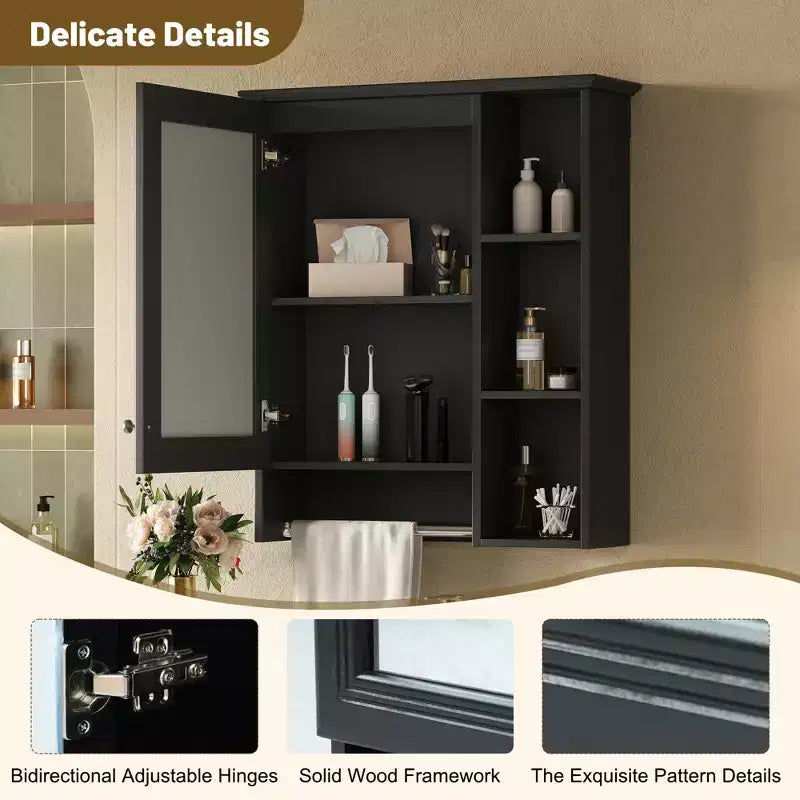 24" Minimalist 3-in-1 Bathroom Mirror Cabinet with High-Definition Mirror and Towel Bar