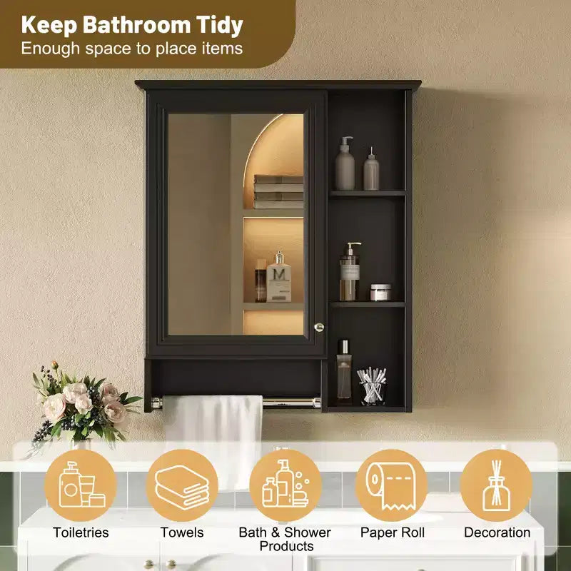 24" Minimalist 3-in-1 Bathroom Mirror Cabinet with High-Definition Mirror and Towel Bar