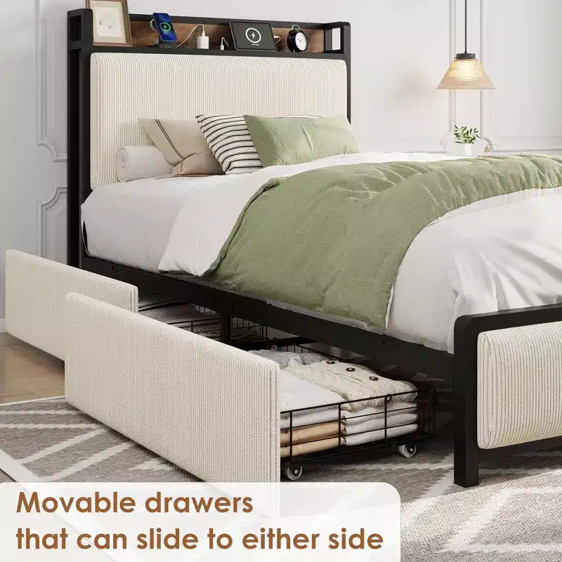 Twin XL Platform Bed Frame with 2 Storage Drawers & Charging Headboard - Rustic Linen Upholstery, 800lb Heavy Duty Support, USB-C/USB Ports Include