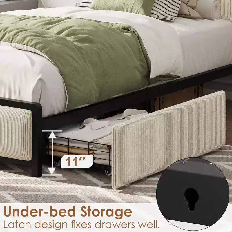 Twin XL Platform Bed Frame with 2 Storage Drawers & Charging Headboard - Rustic Linen Upholstery, 800lb Heavy Duty Support, USB-C/USB Ports Include