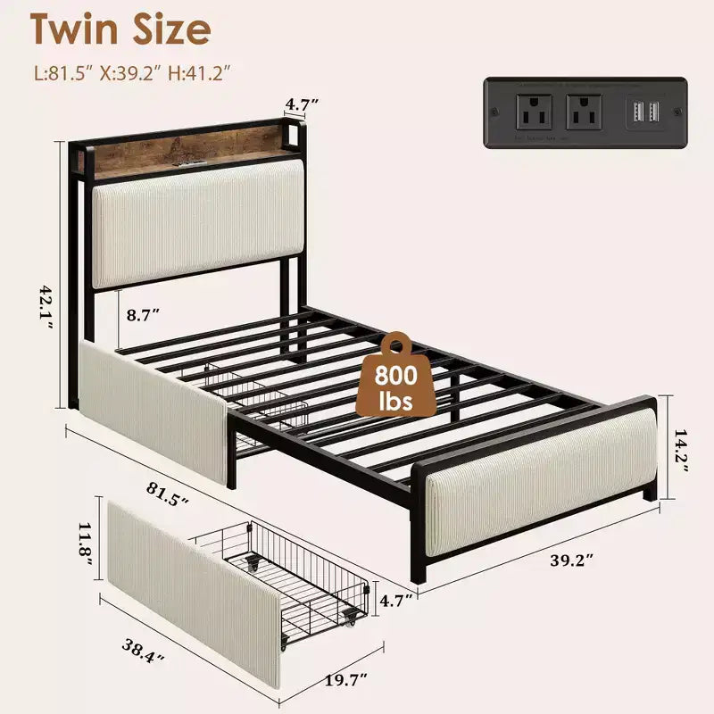 Twin XL Platform Bed Frame with 2 Storage Drawers & Charging Headboard - Rustic Linen Upholstery, 800lb Heavy Duty Support, USB-C/USB Ports Include