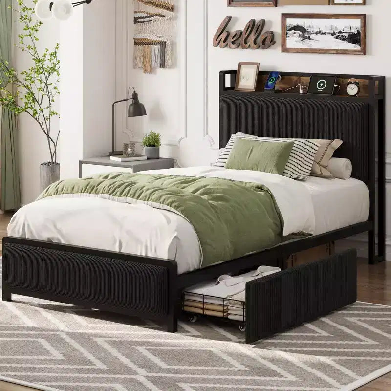 Twin XL Platform Bed Frame with 2 Storage Drawers & Charging Headboard - Rustic Linen Upholstery, 800lb Heavy Duty Support, USB-C/USB Ports Include