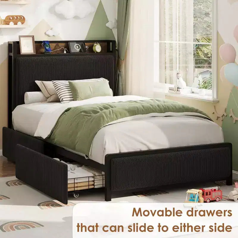 Twin XL Platform Bed Frame with 2 Storage Drawers & Charging Headboard - Rustic Linen Upholstery, 800lb Heavy Duty Support, USB-C/USB Ports Include