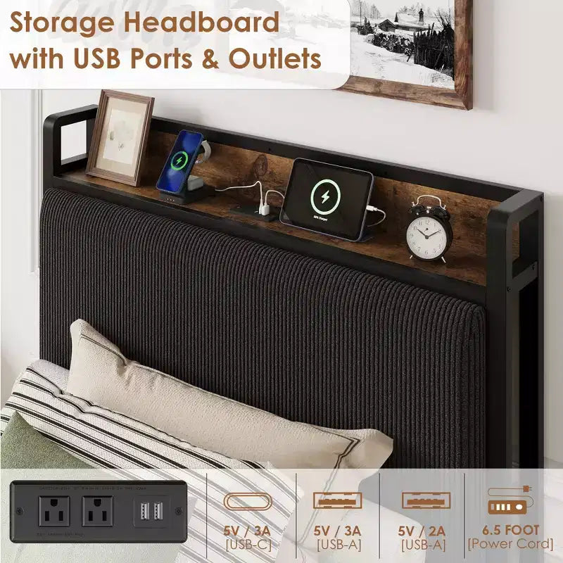 Twin XL Platform Bed Frame with 2 Storage Drawers & Charging Headboard - Rustic Linen Upholstery, 800lb Heavy Duty Support, USB-C/USB Ports Include