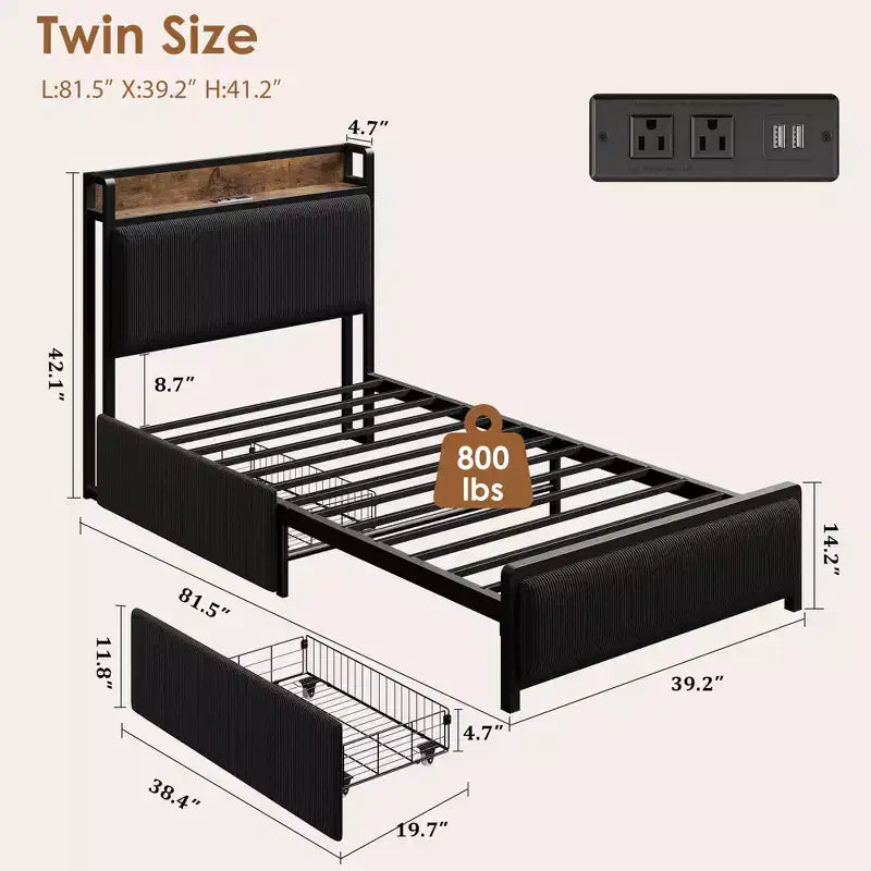 Twin XL Platform Bed Frame with 2 Storage Drawers & Charging Headboard - Rustic Linen Upholstery, 800lb Heavy Duty Support, USB-C/USB Ports Include