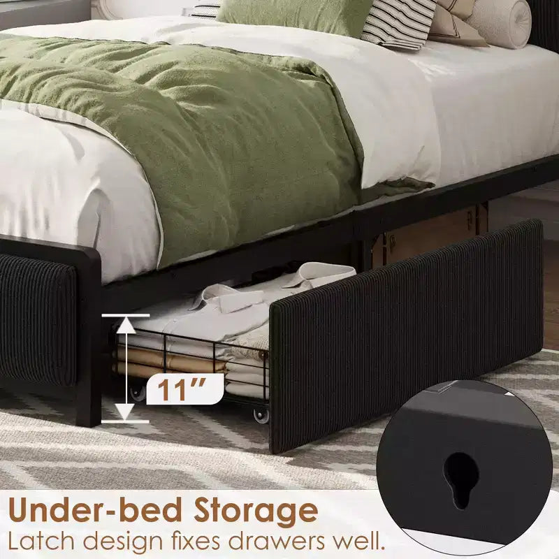Twin XL Platform Bed Frame with 2 Storage Drawers & Charging Headboard - Rustic Linen Upholstery, 800lb Heavy Duty Support, USB-C/USB Ports Include