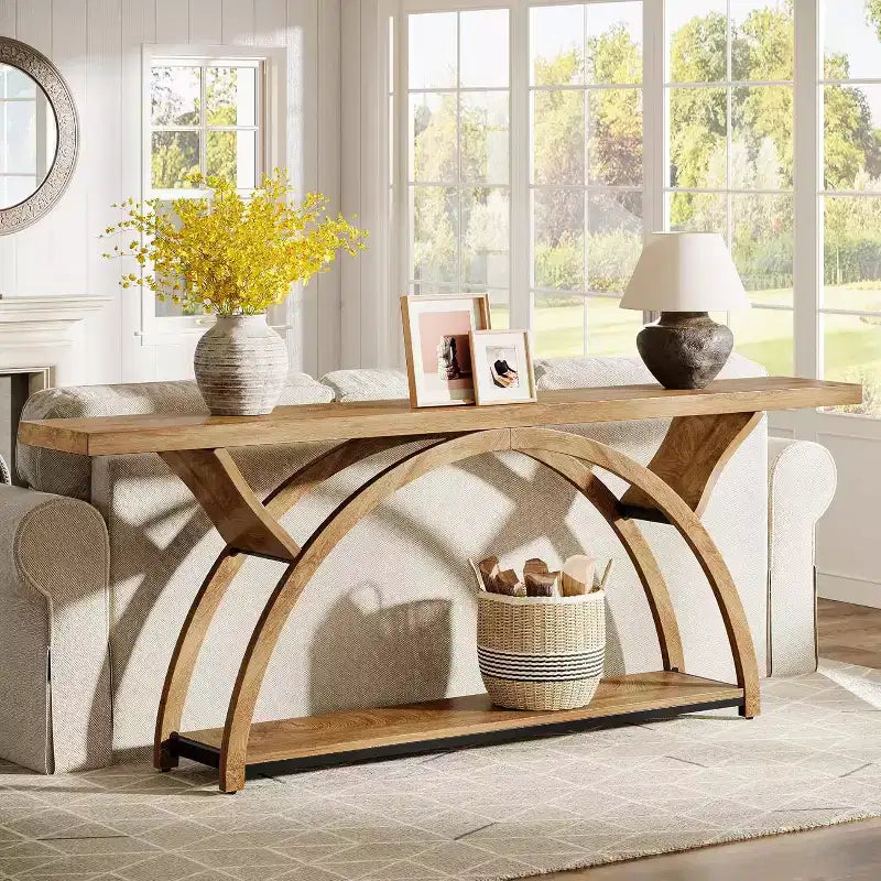 70.87" Industrial Console Table with 2-Tier Storage Shelves for Living Room, Hallway, Entrance, Foyer (Light Brown)