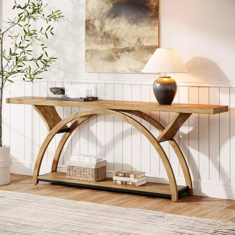 70.87" Industrial Console Table with 2-Tier Storage Shelves for Living Room, Hallway, Entrance, Foyer (Light Brown)