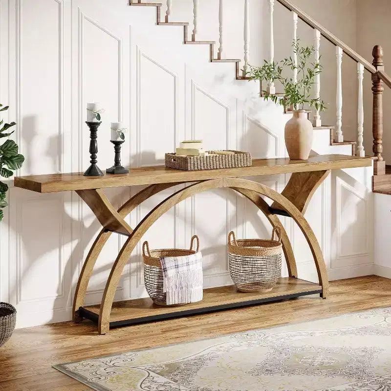 70.87" Industrial Console Table with 2-Tier Storage Shelves for Living Room, Hallway, Entrance, Foyer (Light Brown)