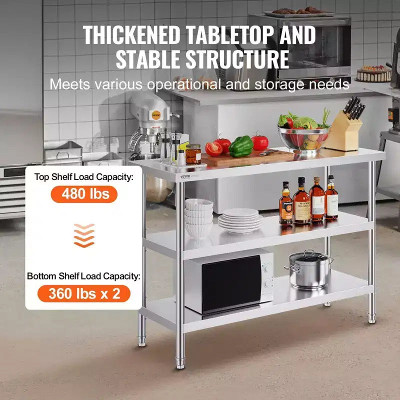 34" Stainless Steel Food Prep Table with 2 Adjustable Undershelves, Heavy Duty Metal, Silver